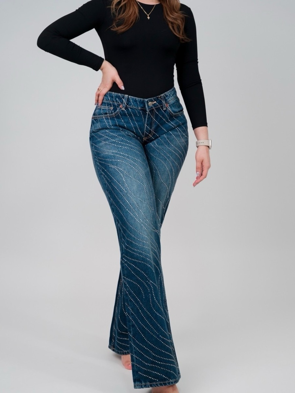 ZARA ~ Low Rise Wide Leg Rhinestone Jeans - Picture 5 of 15